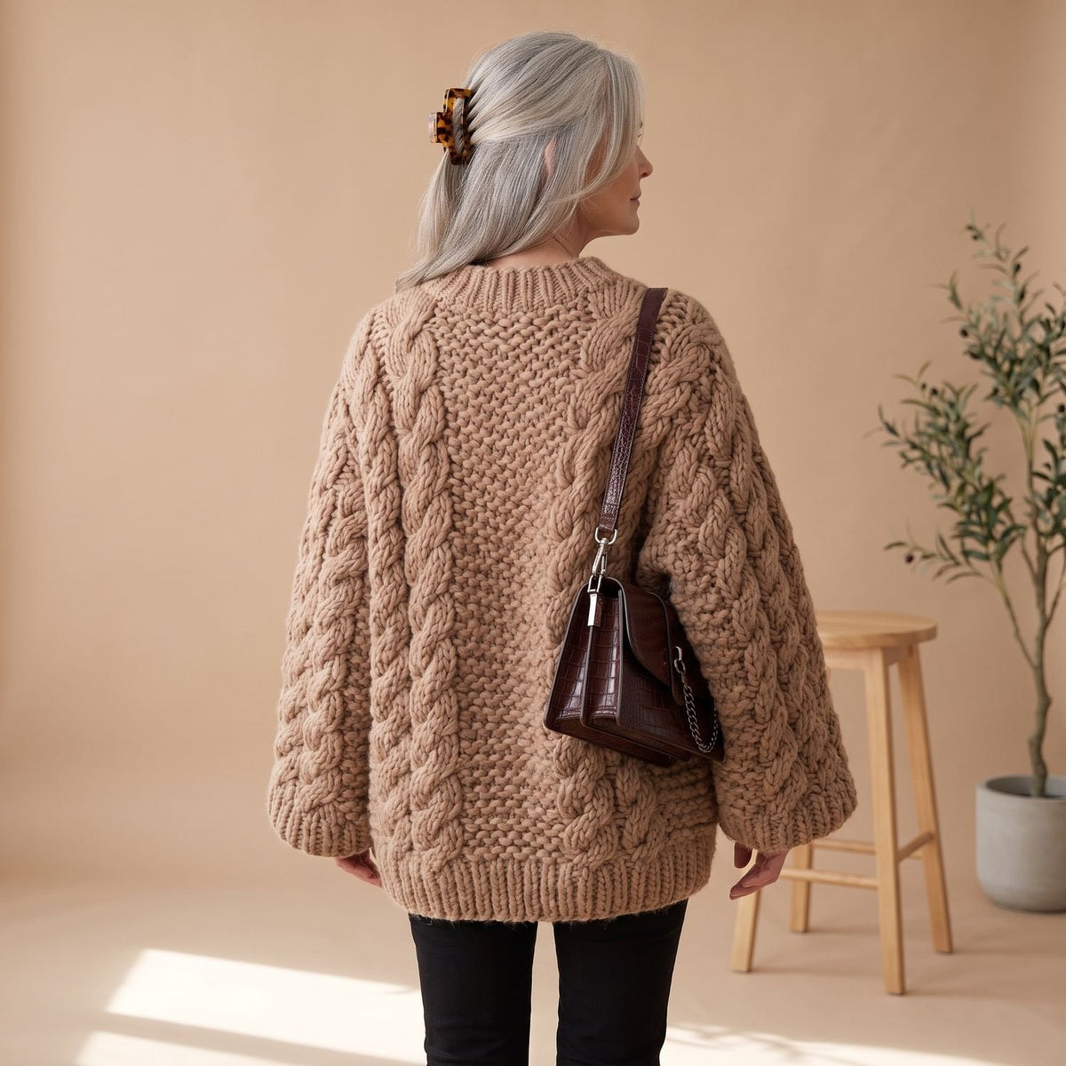 Women's Chunky Cable-Knit Oversized Sweater with Full Sleeves