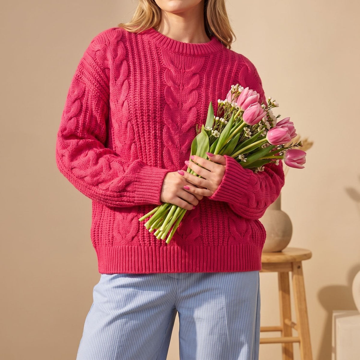 Women's Chunky Cable-Knit Oversized Sweater with Full Sleeves