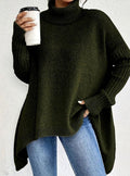 Women's Drop-Shoulder Turtleneck Sweater with High-Low Hem - Dark Green
