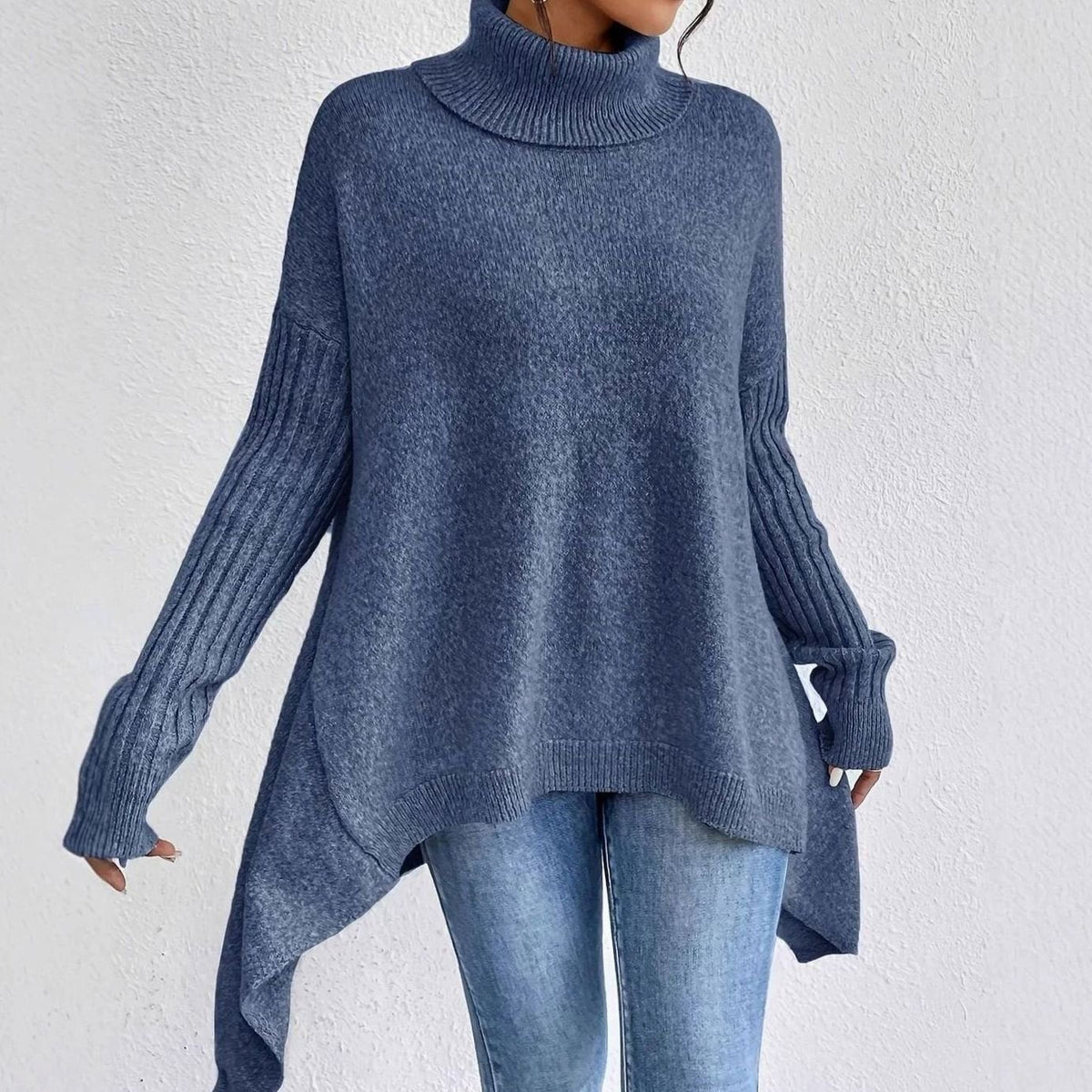 Women's Drop-Shoulder Turtleneck Sweater with High-Low Hem