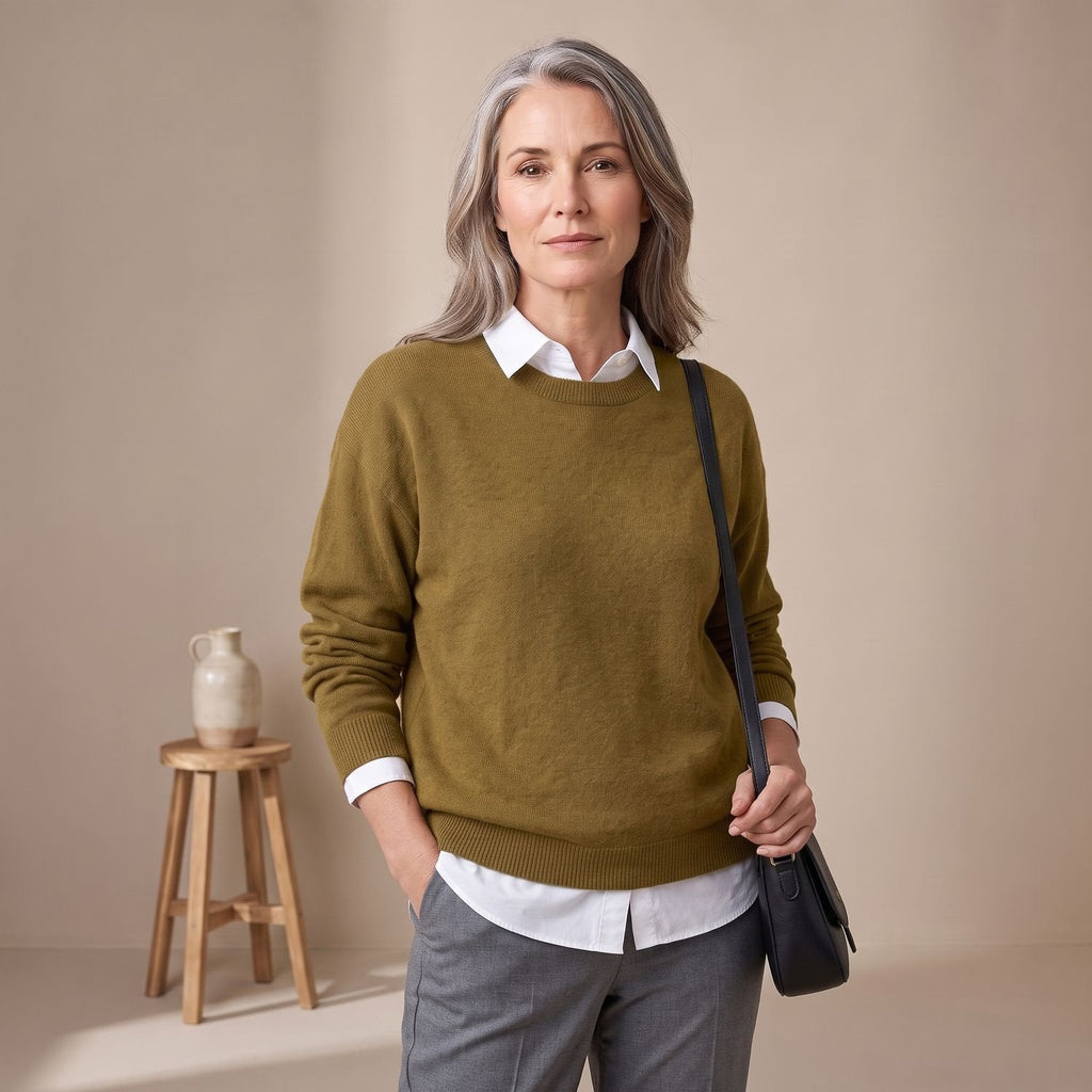 Women's Roomy Crew Neck Knit Sweater for Office and Weekend - Khaki