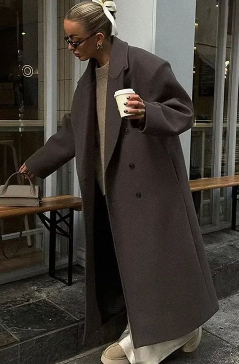 Women's Dramatic Maxi-Length Buttoned Coat with Oversized Fit - Brown