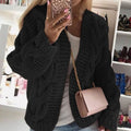 Women's Chunky Cable-Knit Oversized Cardigan with Open Front - Black