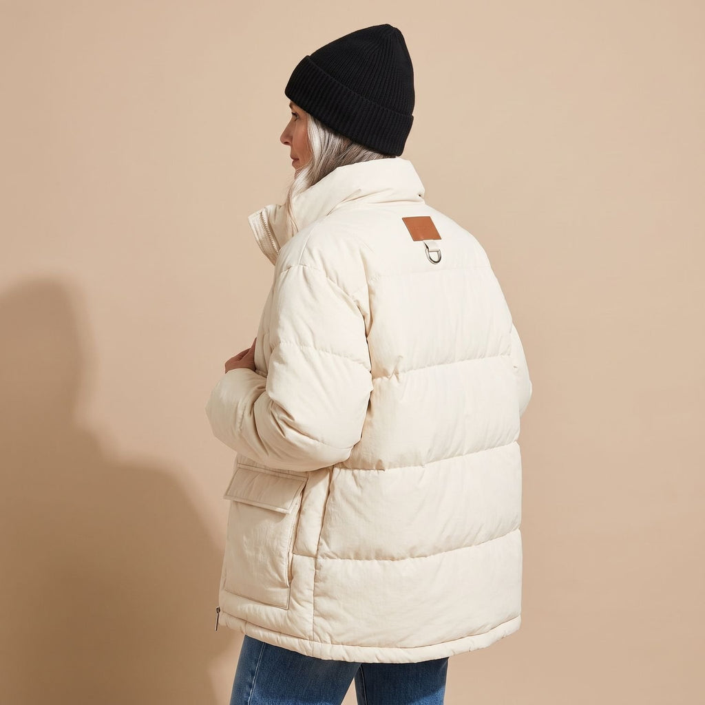 Women's Roomy Water-Resistant Puffer Coat with Fixed Hood - Beige