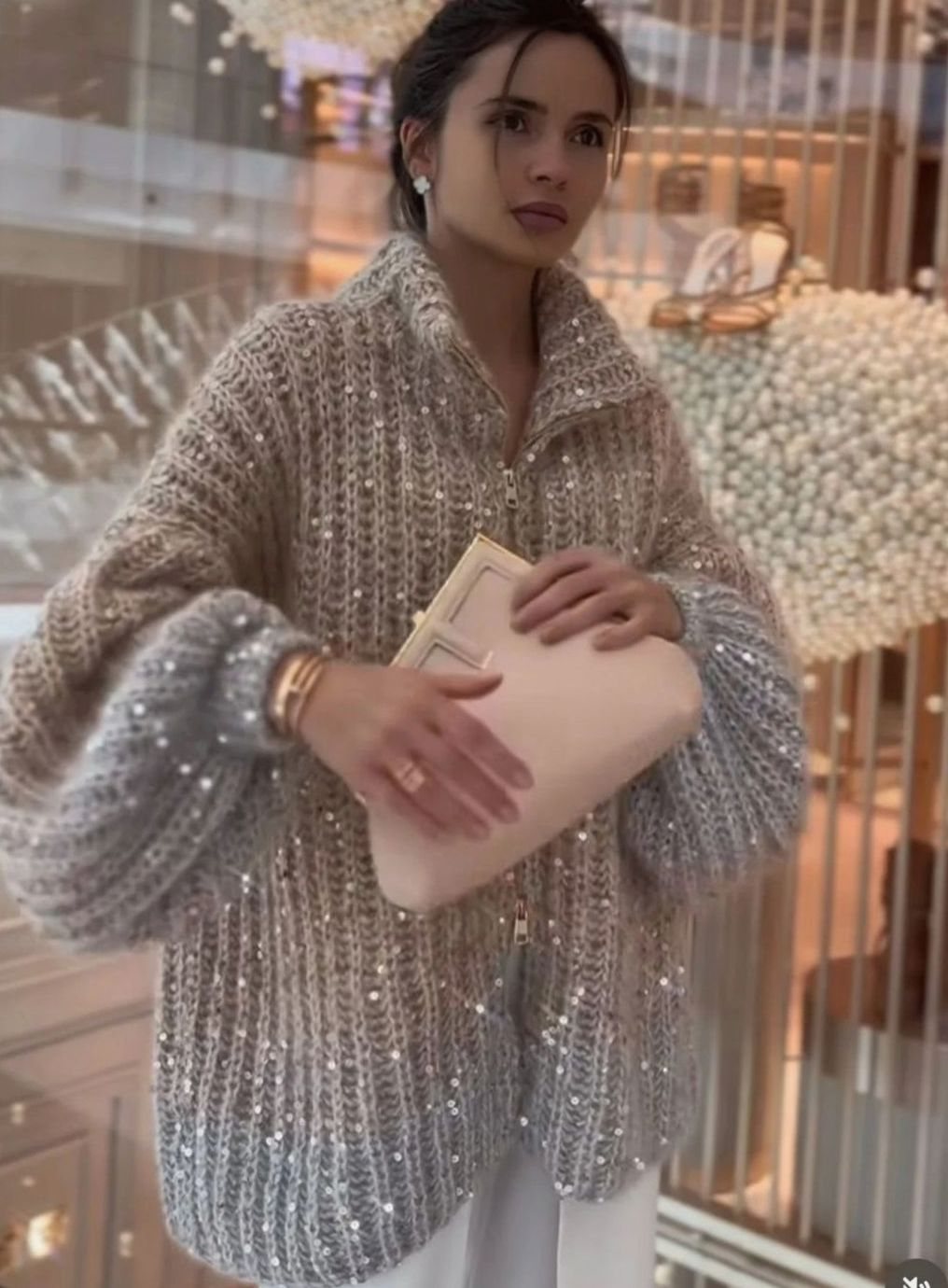 Women's Sparkle Chunky Knit Funnel-Neck Zip Cardigan - Beige Gradient