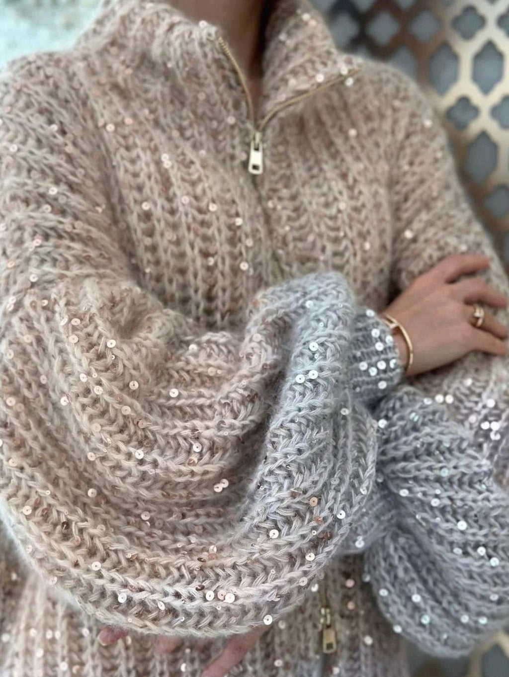 Women's Sparkle Chunky Knit Funnel-Neck Zip Cardigan