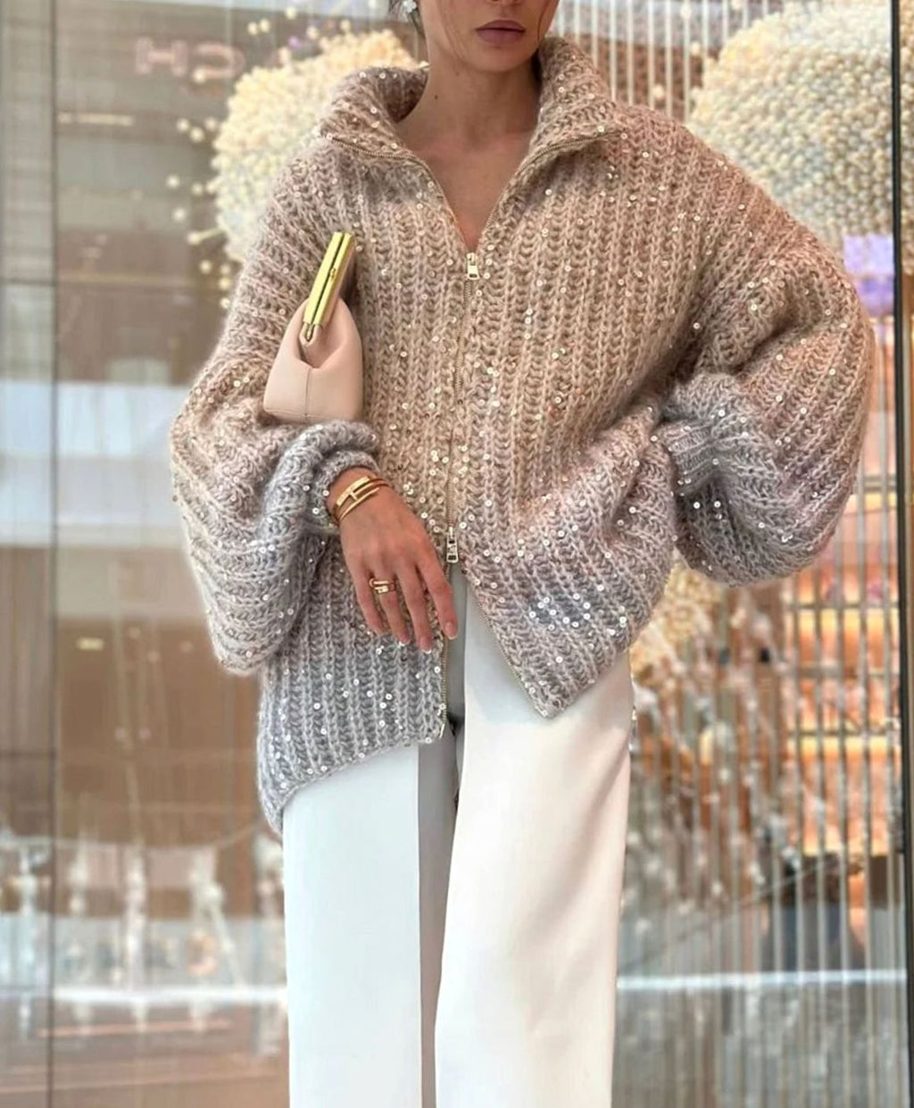 Women's Sparkle Chunky Knit Funnel-Neck Zip Cardigan