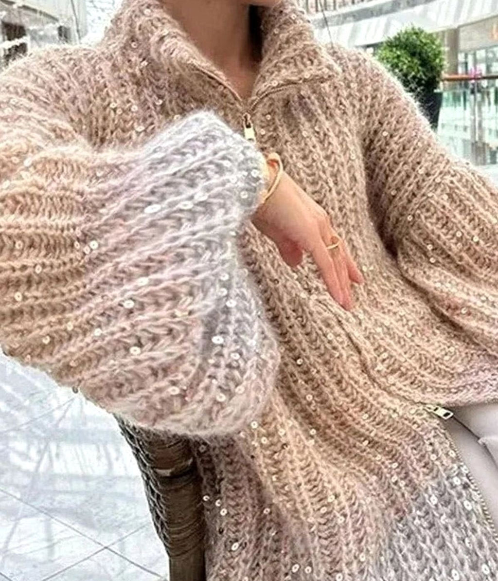 Women's Sparkle Chunky Knit Funnel-Neck Zip Cardigan