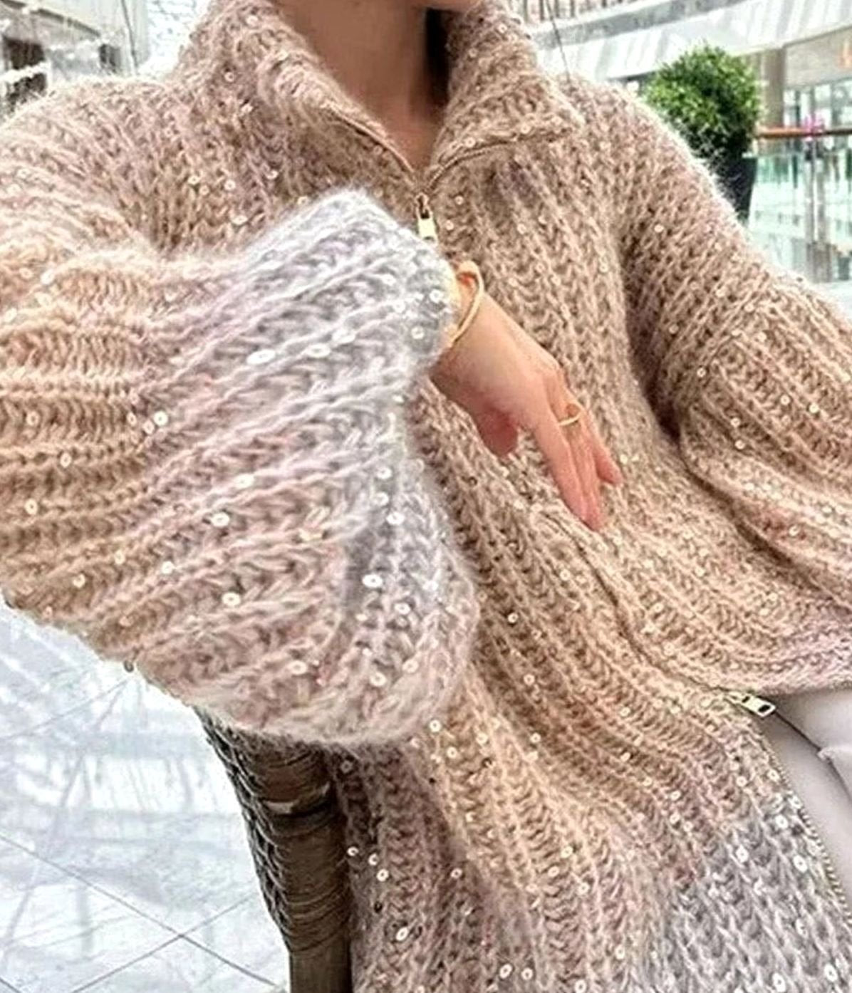 Women's Sparkle Chunky Knit Funnel-Neck Zip Cardigan