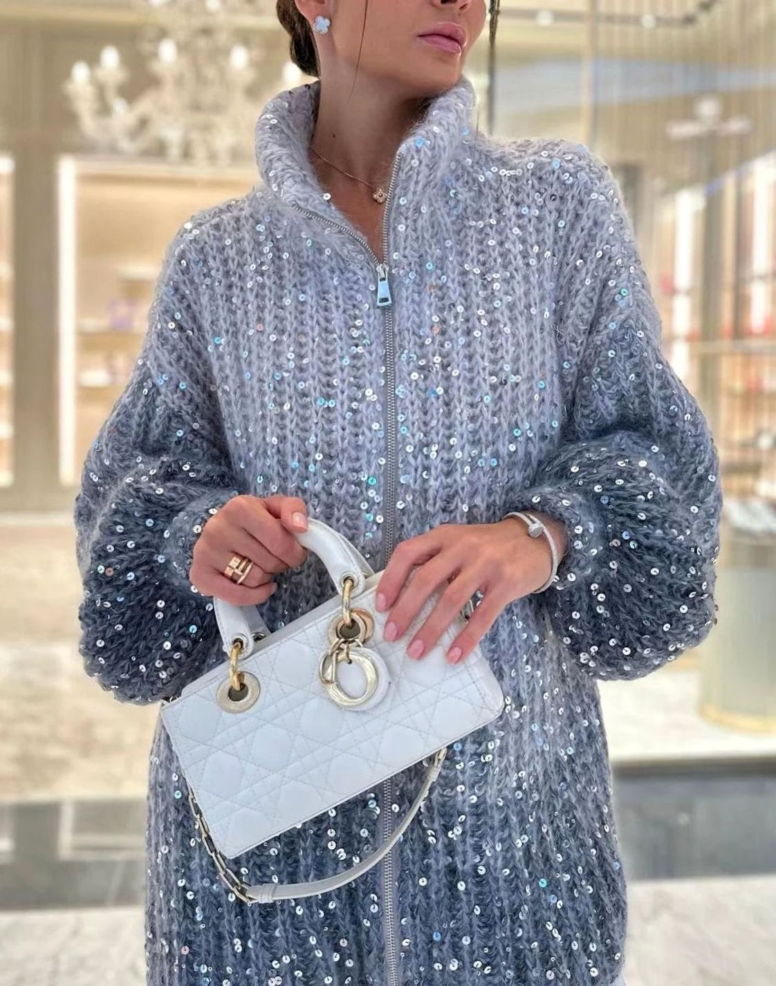 Women's Sparkle Chunky Knit Funnel-Neck Zip Cardigan