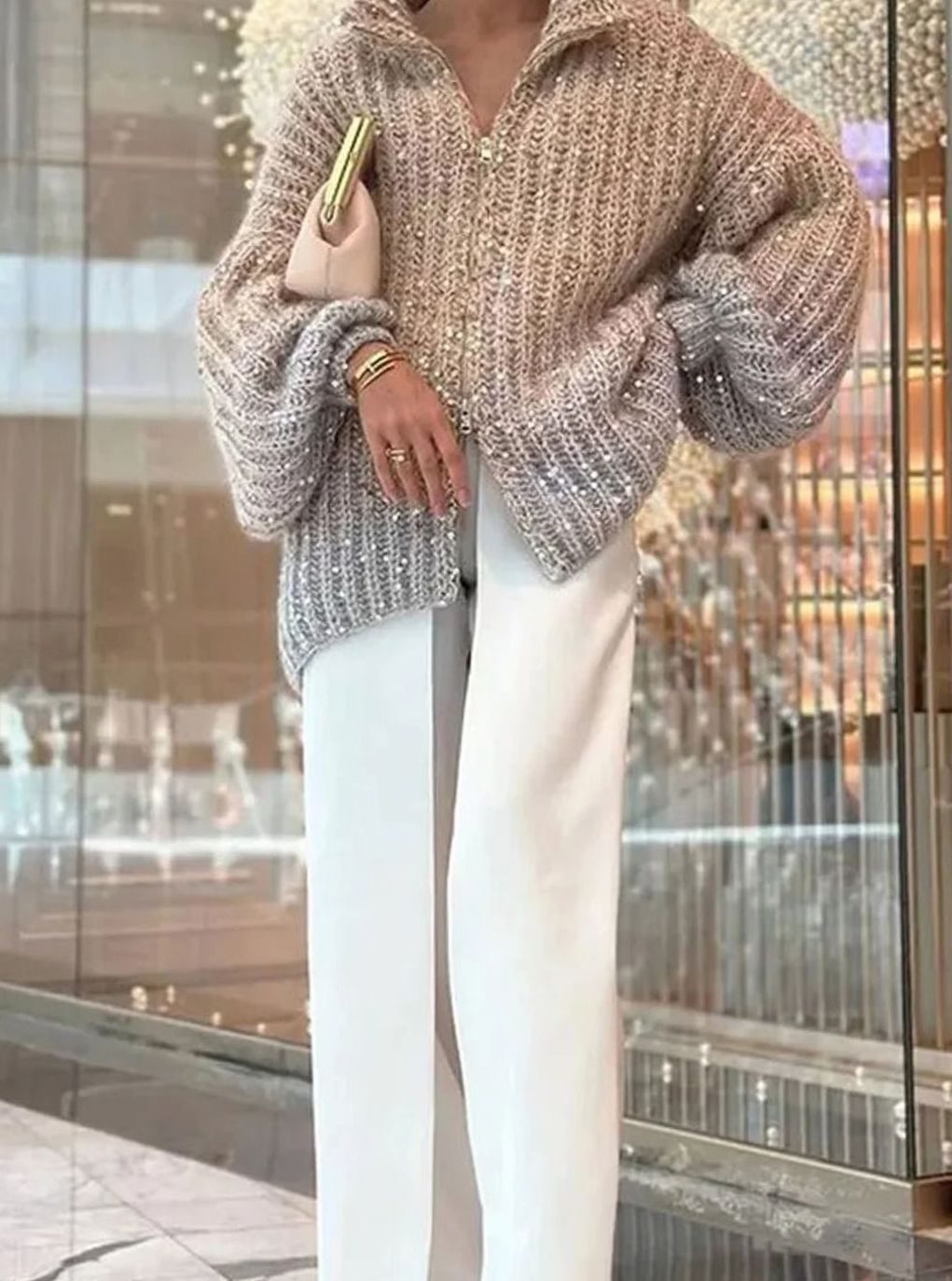 Women's Sparkle Chunky Knit Funnel-Neck Zip Cardigan