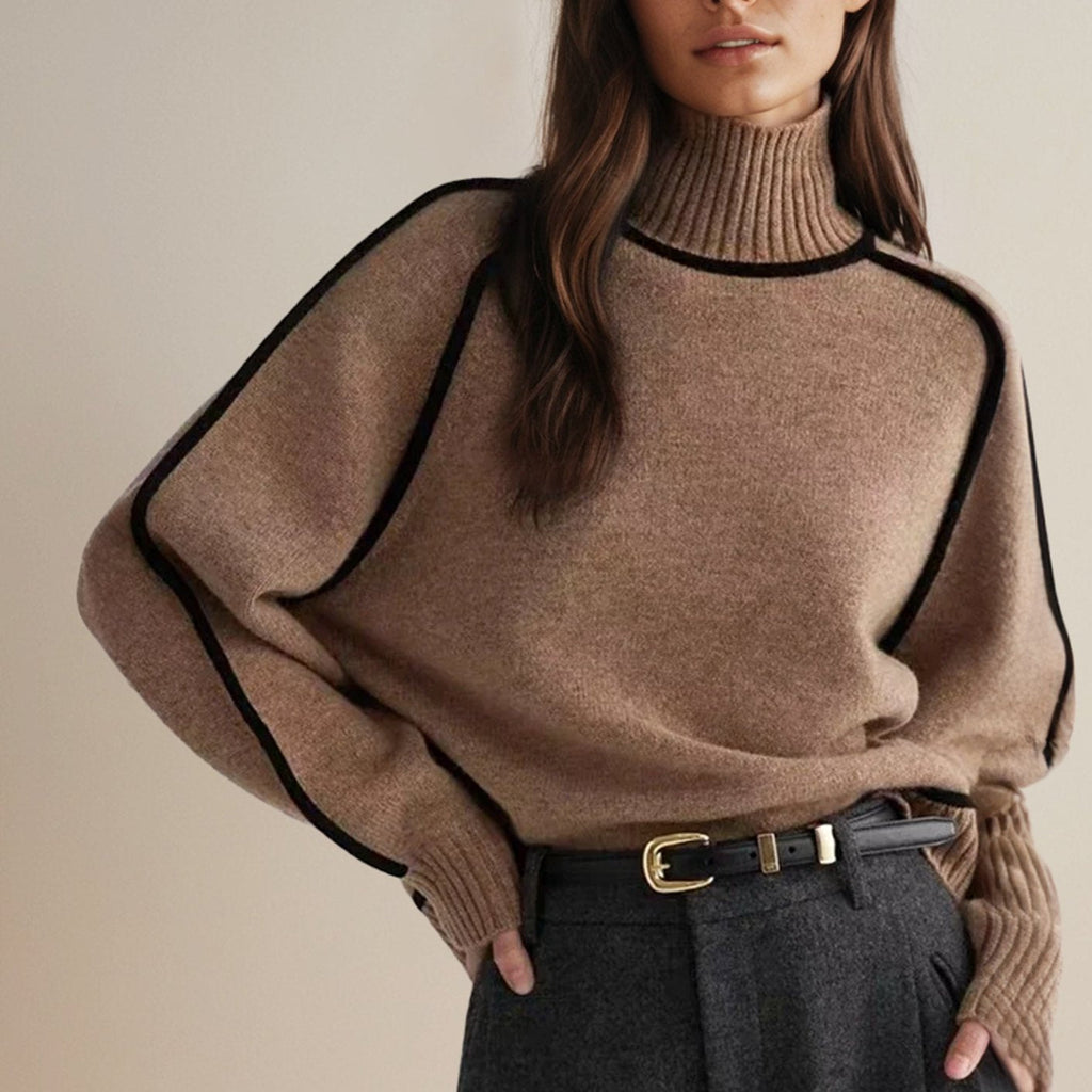 Women's Relaxed Ribbed Turtleneck Sweater with Stripe-Trimmed Seams - Brown