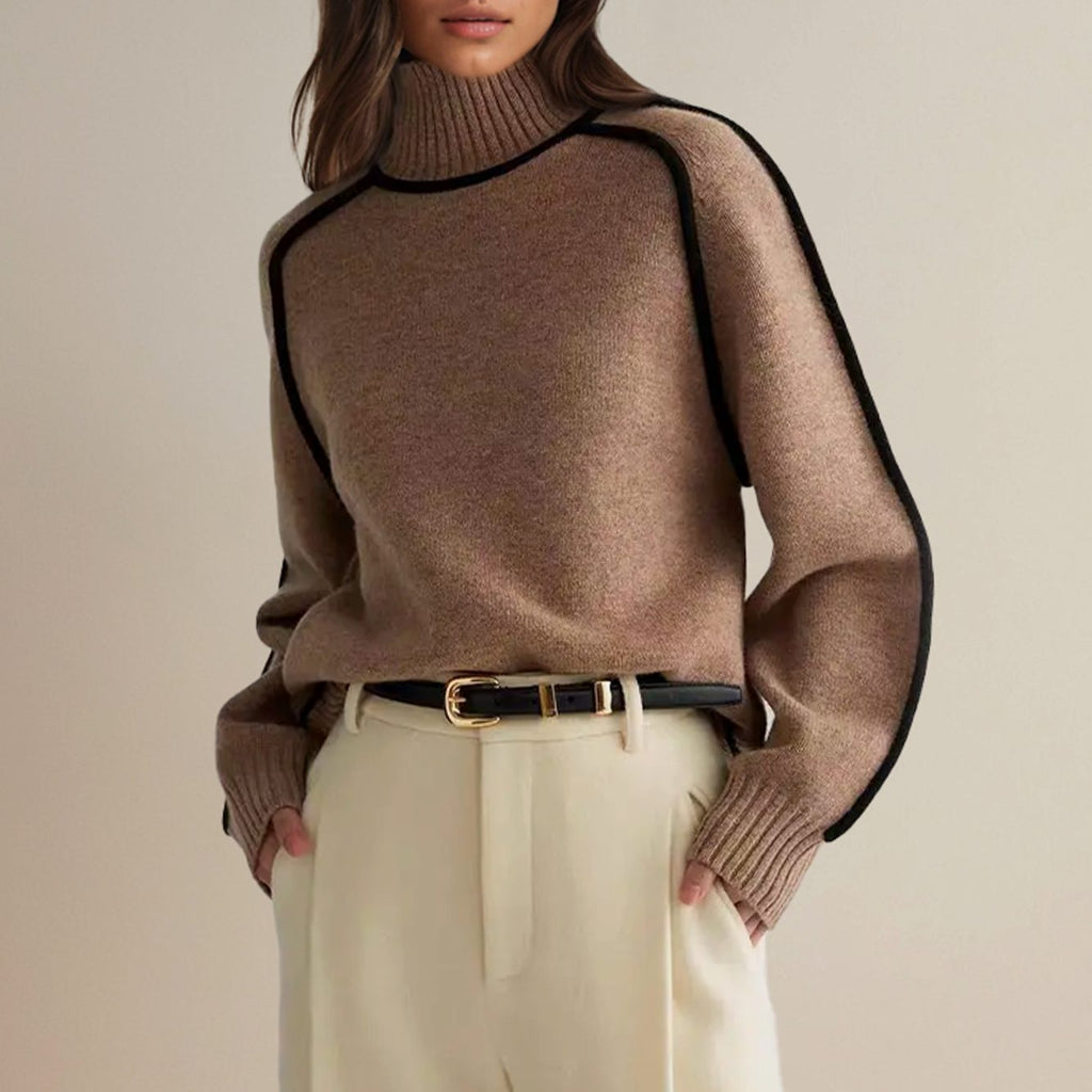 Women's Relaxed Ribbed Turtleneck Sweater with Stripe-Trimmed Seams