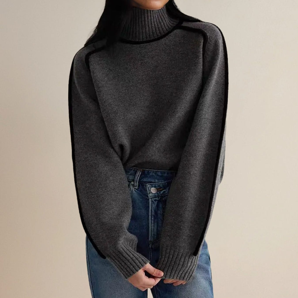 Women's Relaxed Ribbed Turtleneck Sweater with Stripe-Trimmed Seams