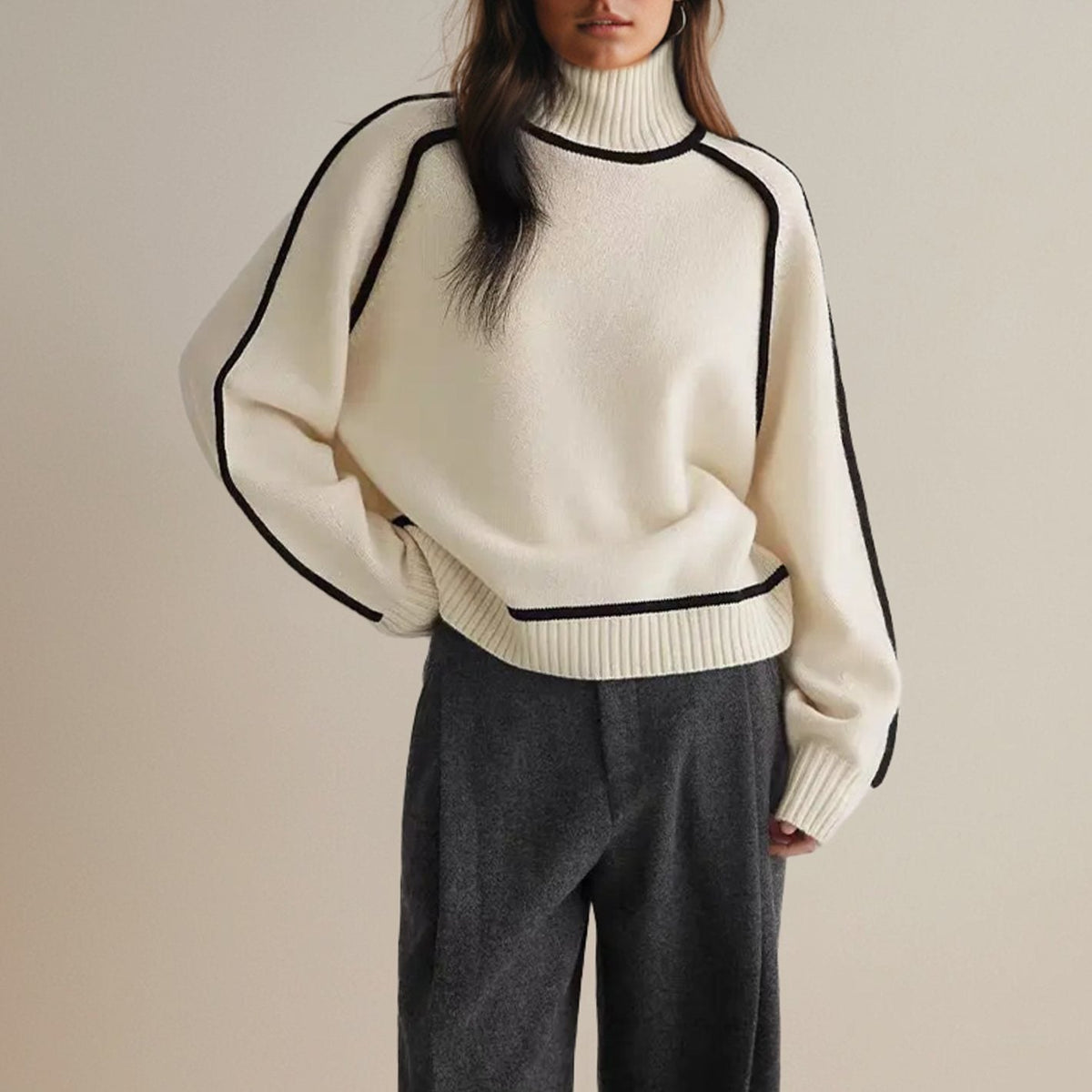 Women's Relaxed Ribbed Turtleneck Sweater with Stripe-Trimmed Seams