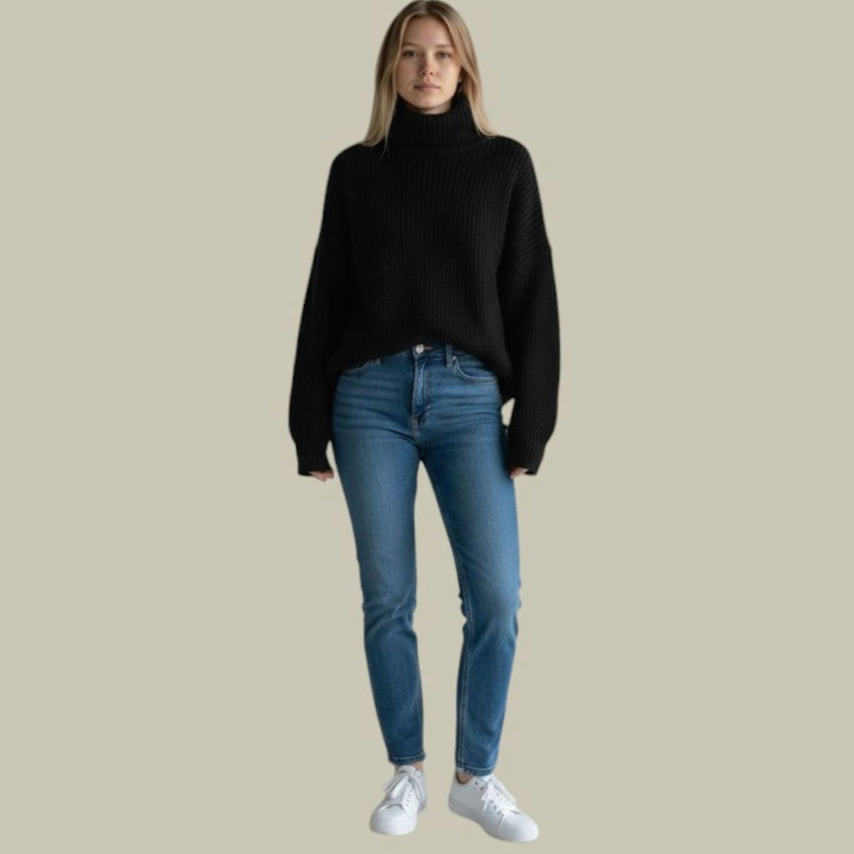 Women's Oversized Turtleneck Tunic Sweater with Slit Hem - Black