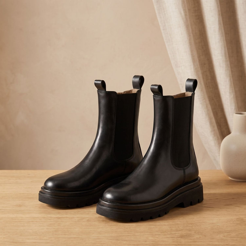 Women's Faux Leather Platform Chelsea Boots with Elastic Gussets - Black