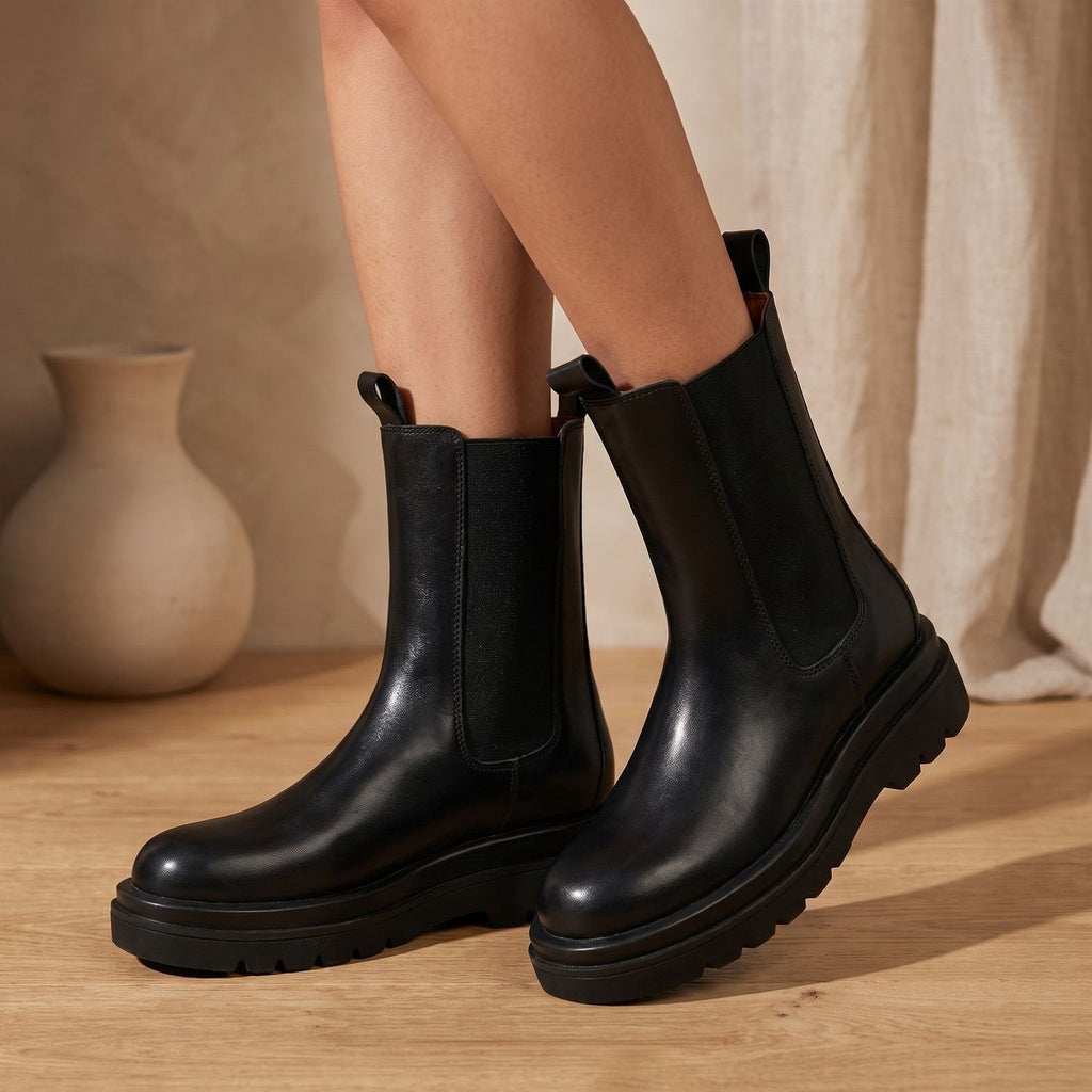 Women's Faux Leather Platform Chelsea Boots with Elastic Gussets