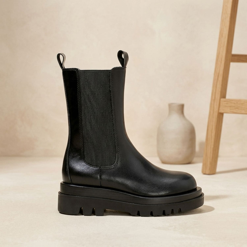 Women's Faux Leather Platform Chelsea Boots with Elastic Gussets