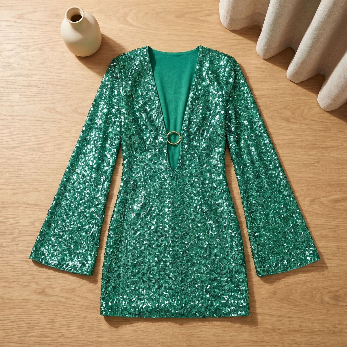 Women's Ring-Accent Plunge Sequin Mini Dress with Bell Sleeves - Green