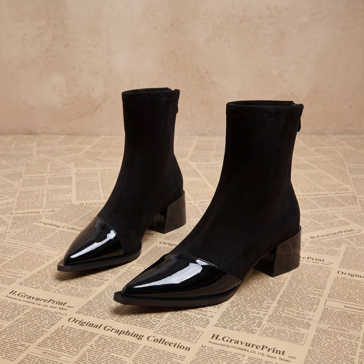 Women's Patent Toe-Cap Block Heel Booties with Suede-Style Shaft - Black