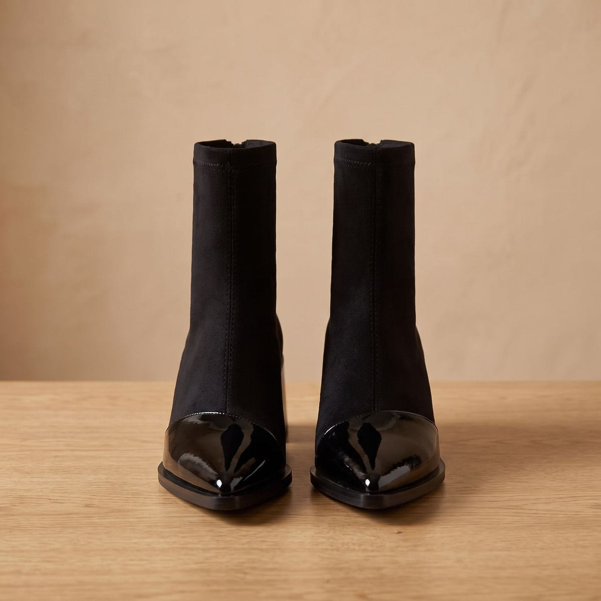 Women's Patent Toe-Cap Block Heel Booties with Suede-Style Shaft