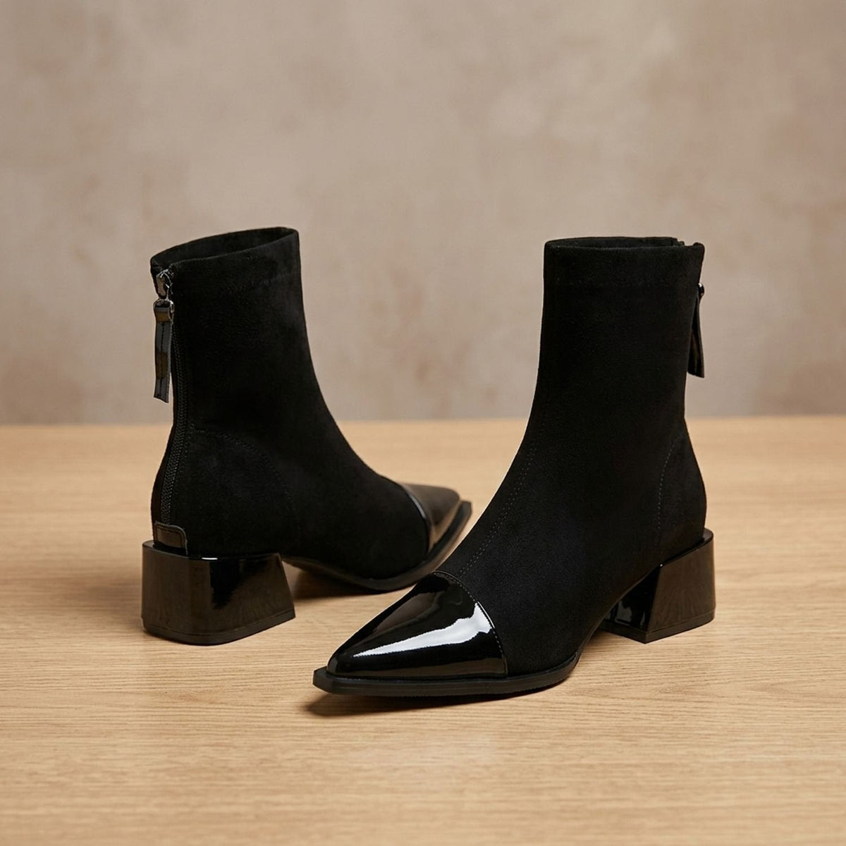 Women's Patent Toe-Cap Block Heel Booties with Suede-Style Shaft