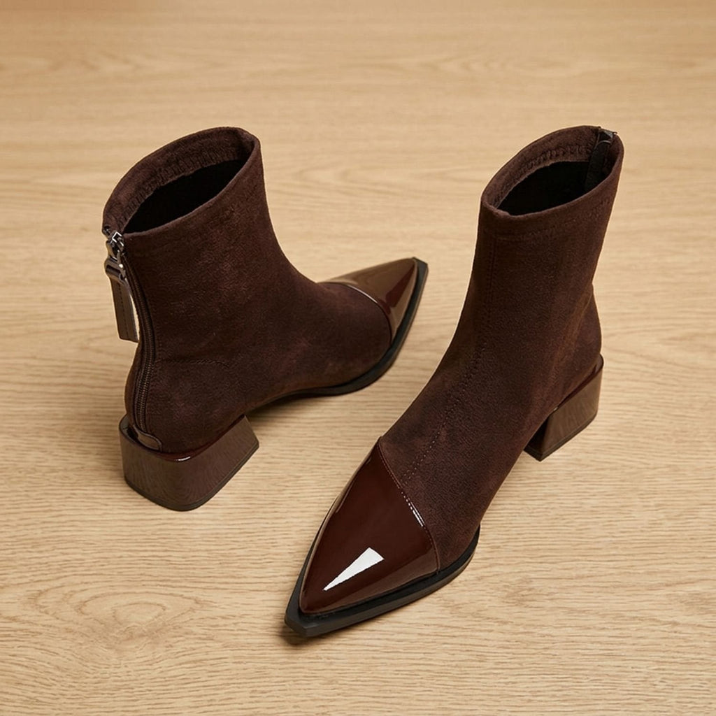 Women's Patent Toe-Cap Block Heel Booties with Suede-Style Shaft