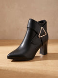 Women's Pointed-Toe Block Heel Booties with Triangle Ankle Buckle - Black