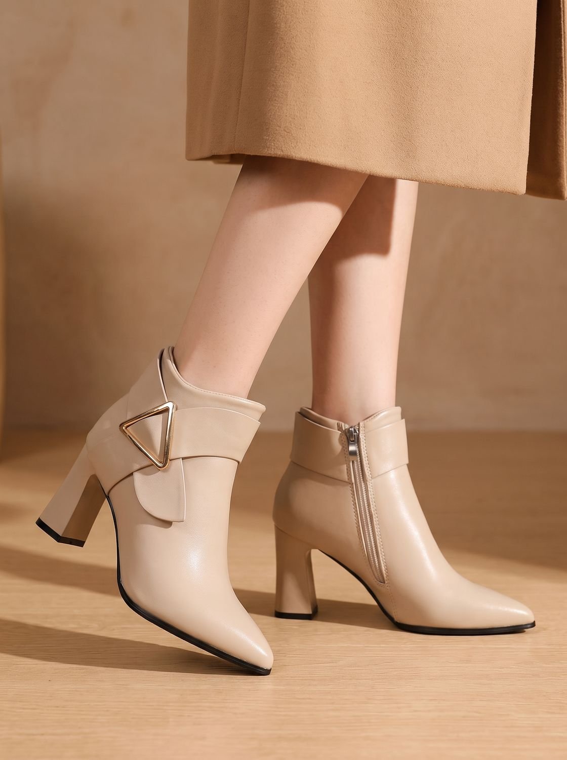 Women's Pointed-Toe Block Heel Booties with Triangle Ankle Buckle
