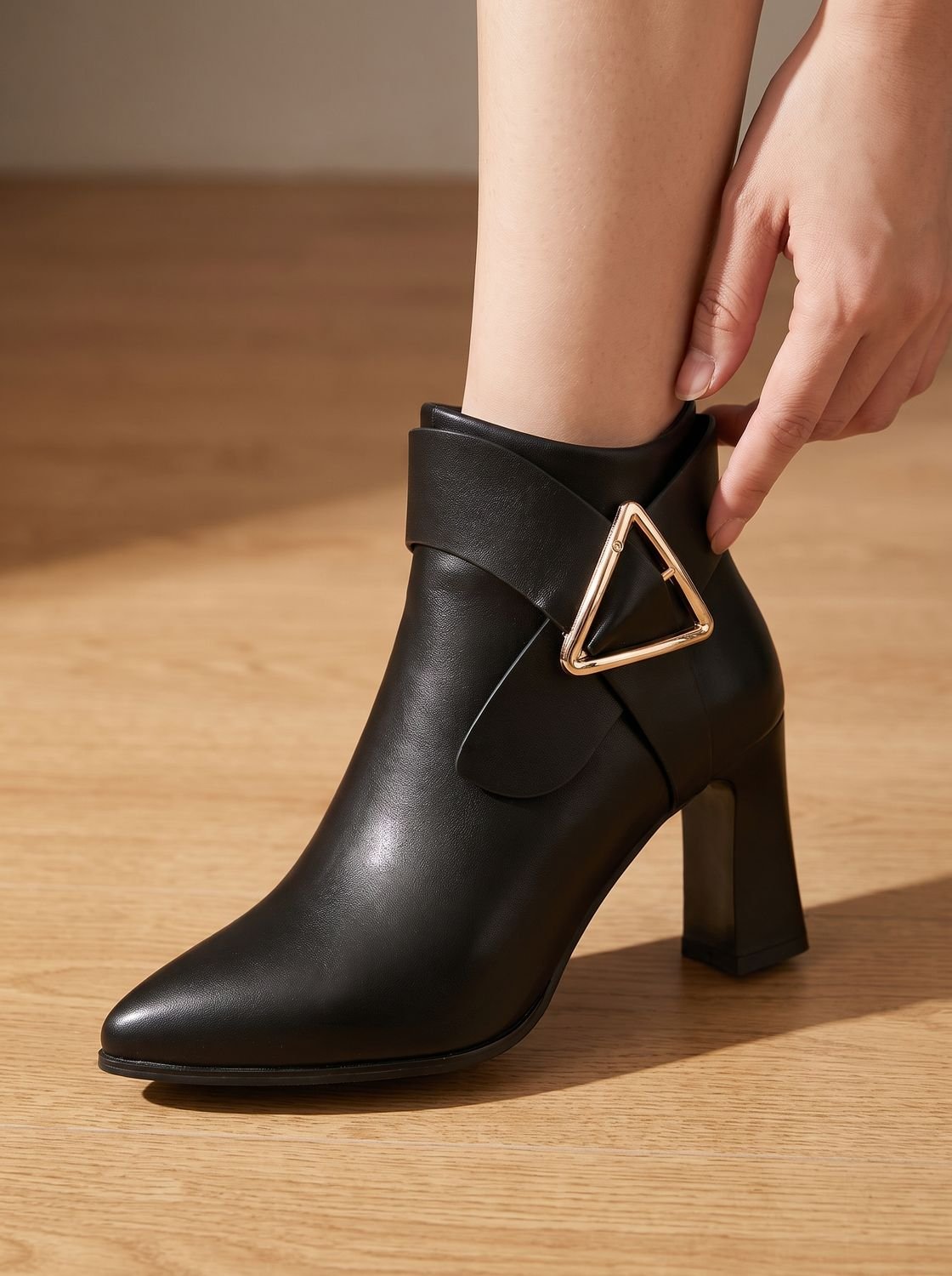Women's Pointed-Toe Block Heel Booties with Triangle Ankle Buckle