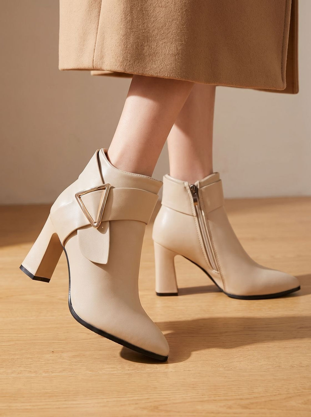 Women's Pointed-Toe Block Heel Booties with Triangle Ankle Buckle