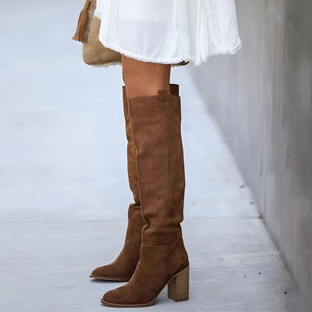 Women's Chunky-Heel Knee-High Boots in Suede-Look with Tapered Toe