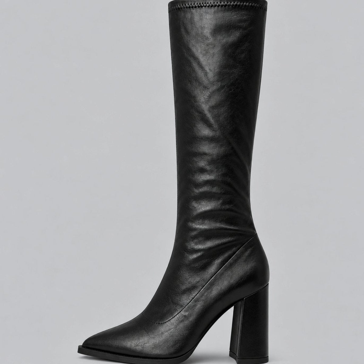 Women's Pointed-Toe Block-Heel Boots with Fitted Faux Leather Shaft - Black