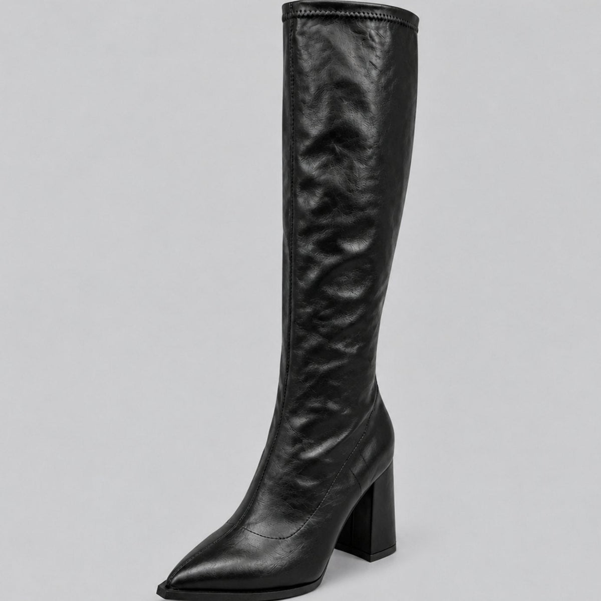 Women's Pointed-Toe Block-Heel Boots with Fitted Faux Leather Shaft