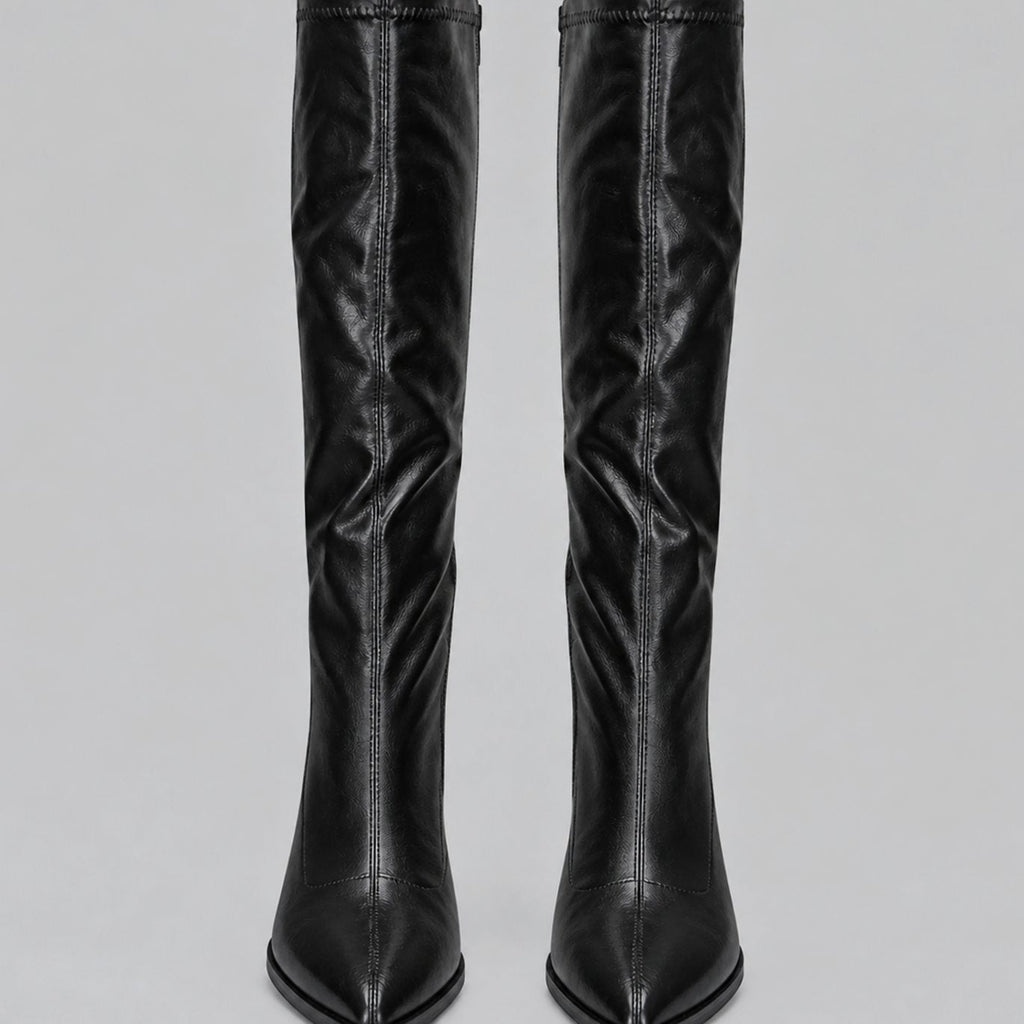 Women's Pointed-Toe Block-Heel Boots with Fitted Faux Leather Shaft