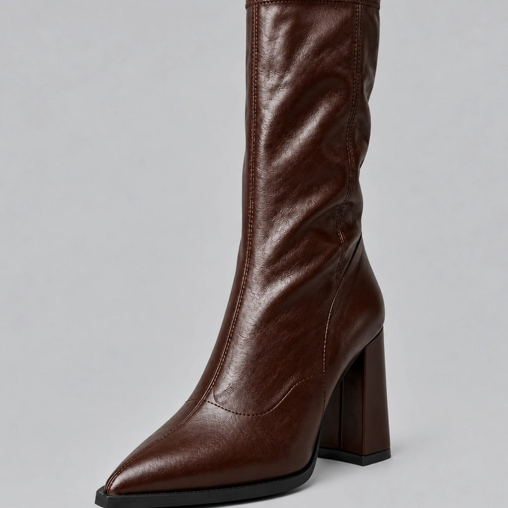 Women's Pointed-Toe Block-Heel Boots with Fitted Faux Leather Shaft