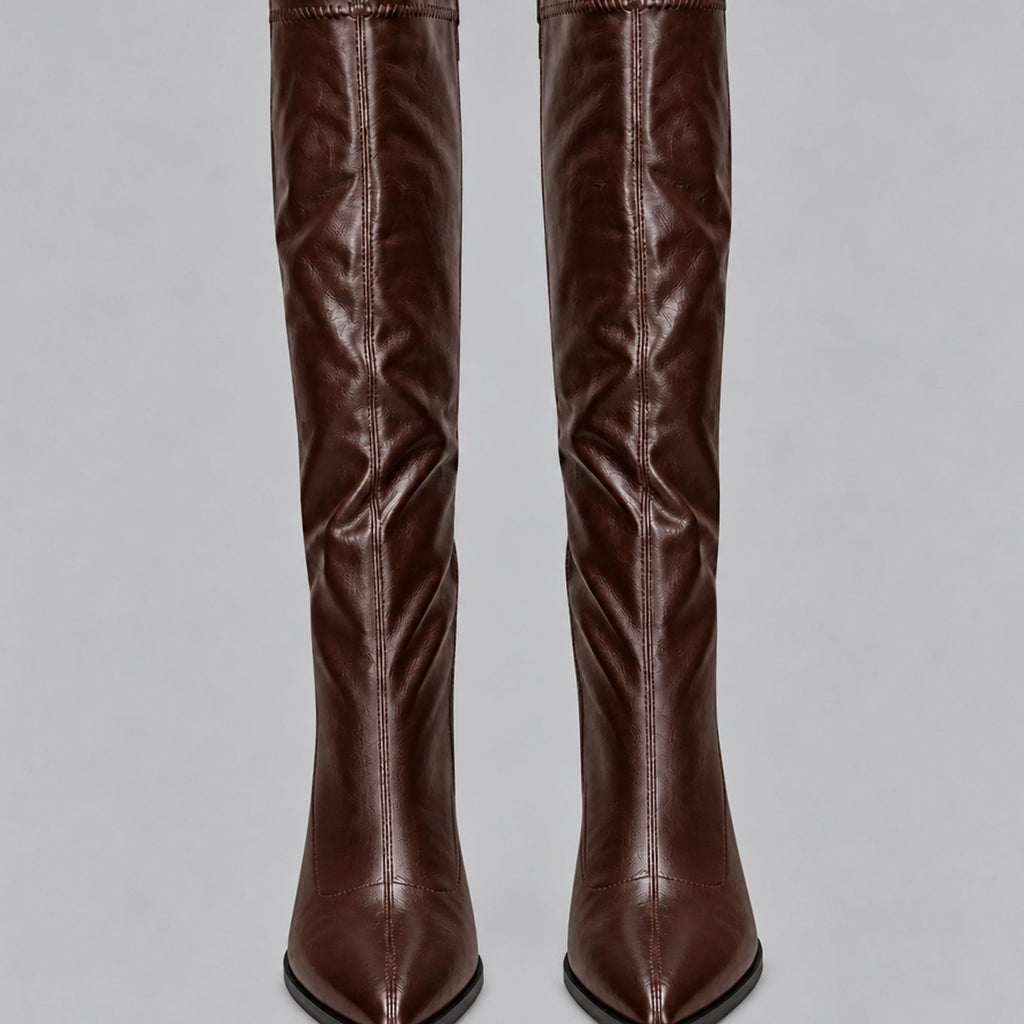 Women's Pointed-Toe Block-Heel Boots with Fitted Faux Leather Shaft