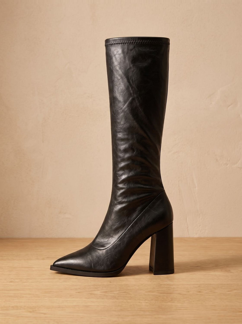 Women's Faux Leather Pointed Tall Boots with Walkable Block Heel - Black
