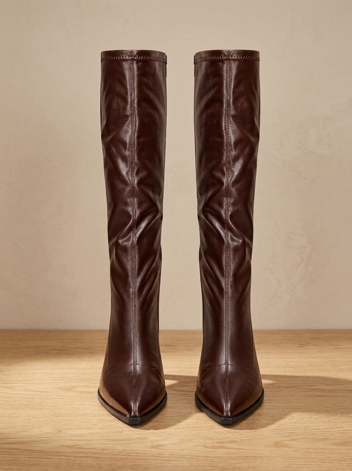 Women's Faux Leather Pointed Tall Boots with Walkable Block Heel