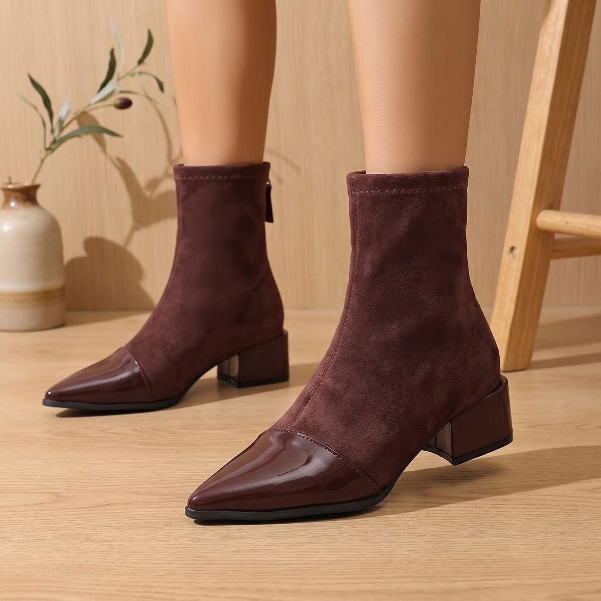 Women's Pointed Mixed-Finish Booties with Patent Toe and Heel