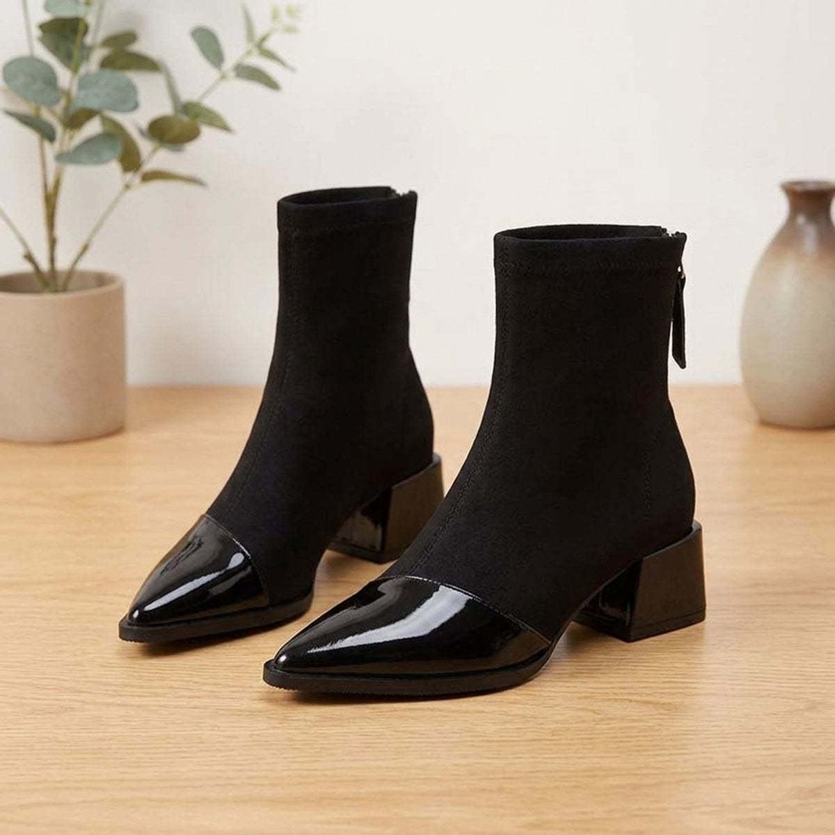 Women's Pointed Mixed-Finish Booties with Patent Toe and Heel