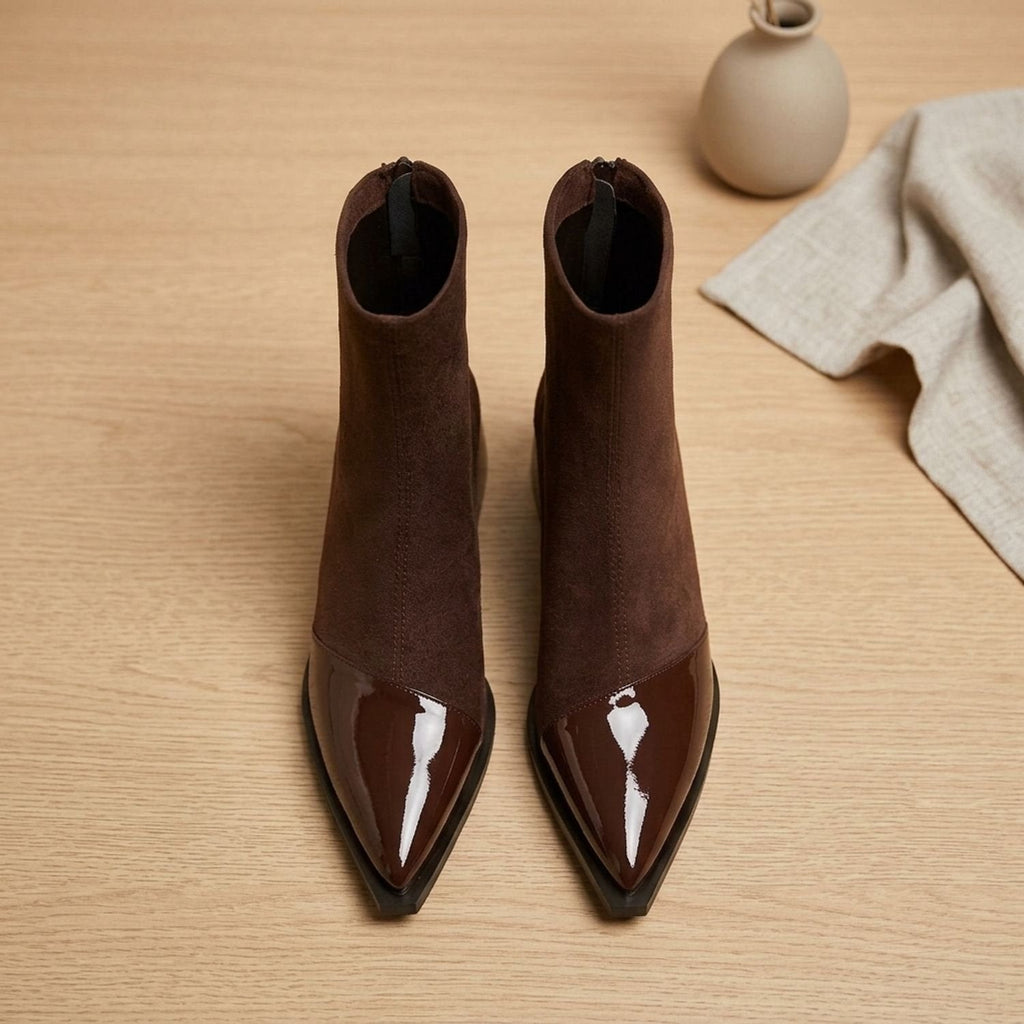 Women's Pointed Mixed-Finish Booties with Patent Toe and Heel