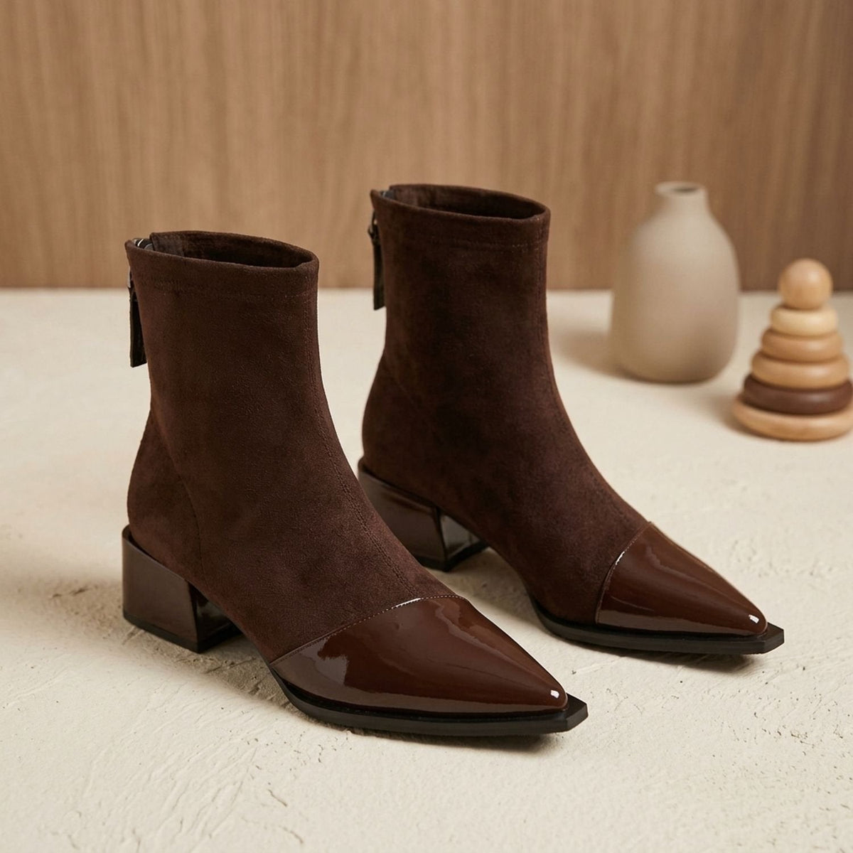 Women's Pointed Mixed-Finish Booties with Patent Toe and Heel
