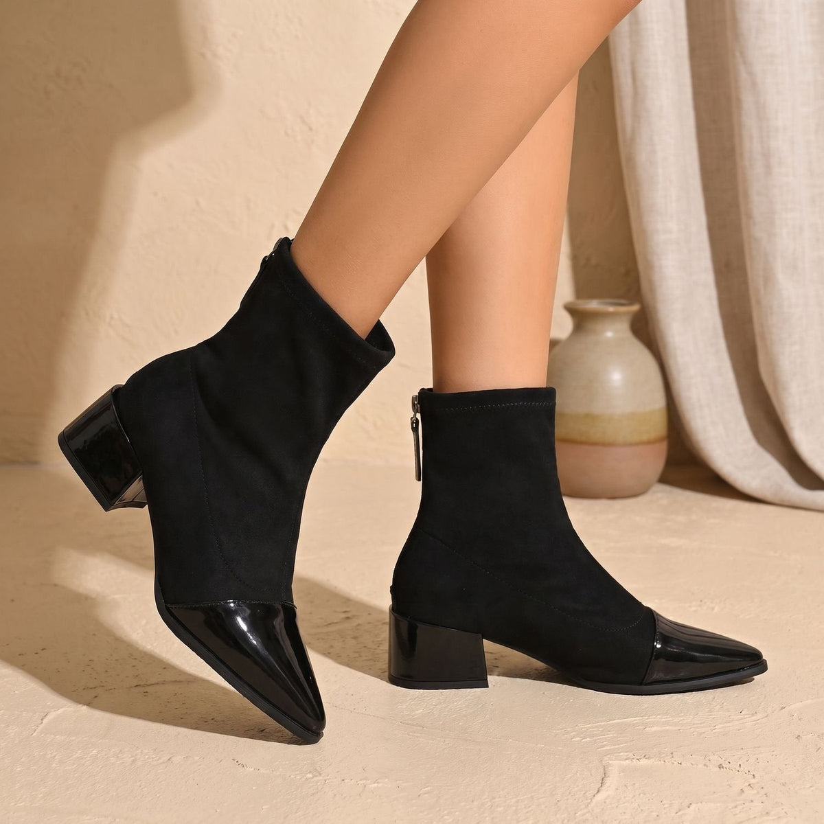 Women's Pointed Mixed-Finish Booties with Patent Toe and Heel