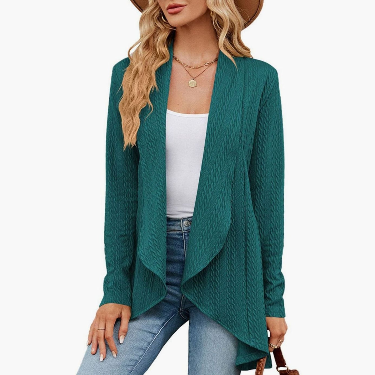 Women's Waterfall Hem Longline Cardigan in Subtle Cable Knit - Winter Green