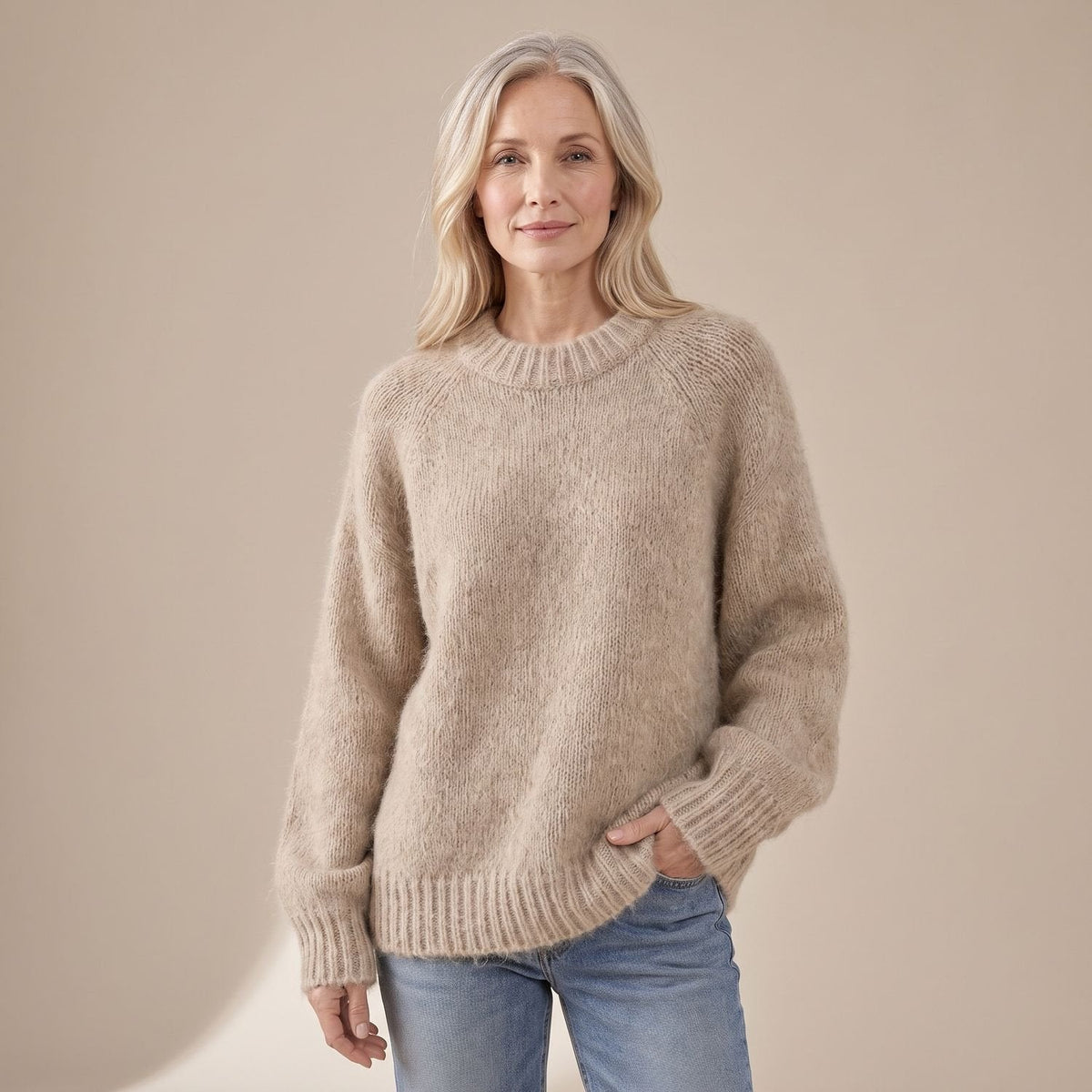 Women's Soft Fluffy Crew Neck Sweater with Raglan Sleeves - Beige