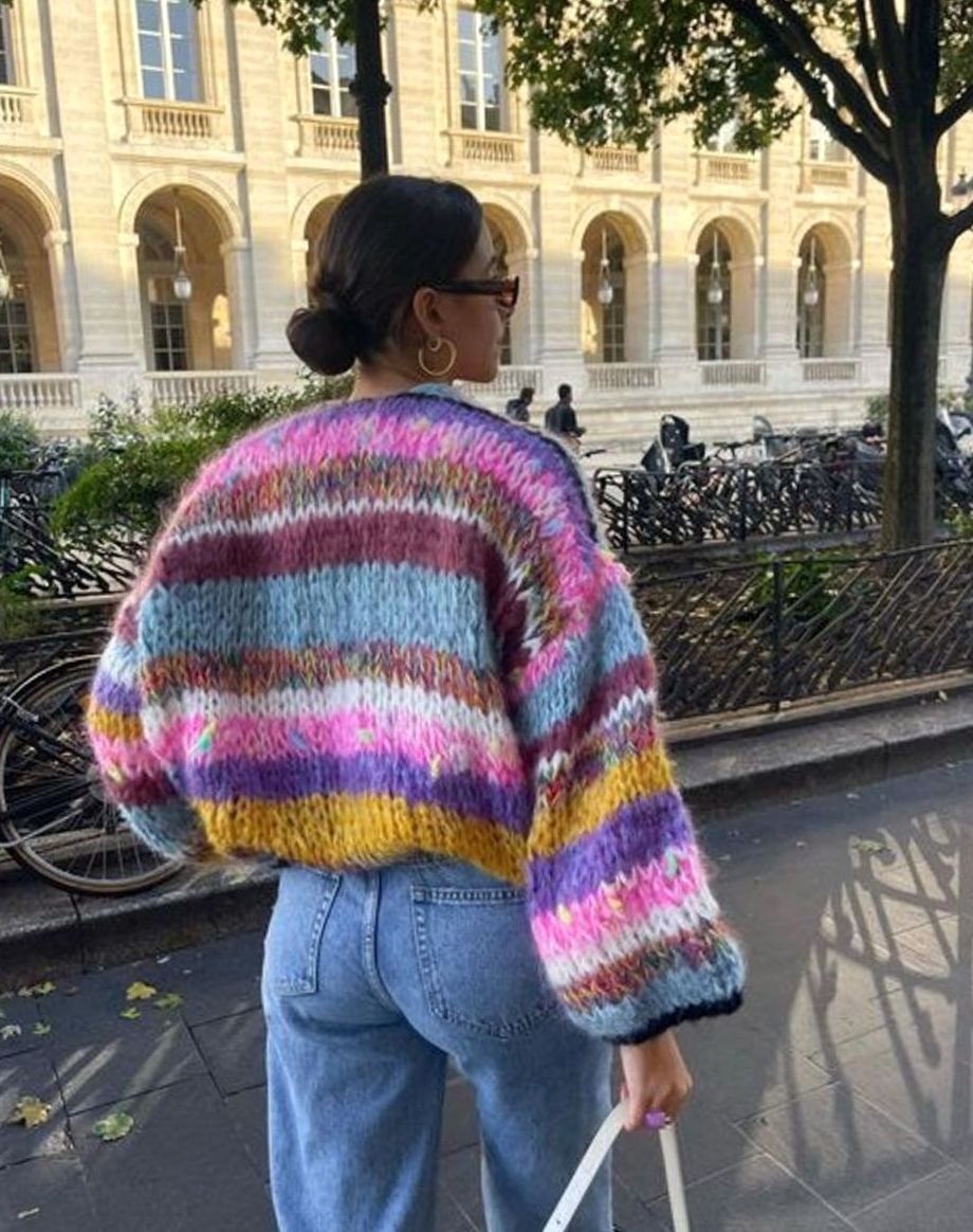 Women's Oversized Chunky Cardigan in Vibrant Stripes - Purple