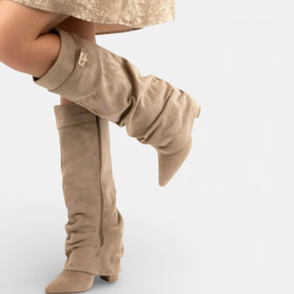 Women's Pointed-Toe Suede-Look Boots with Ruched Knee-High Shaft - Light Brown