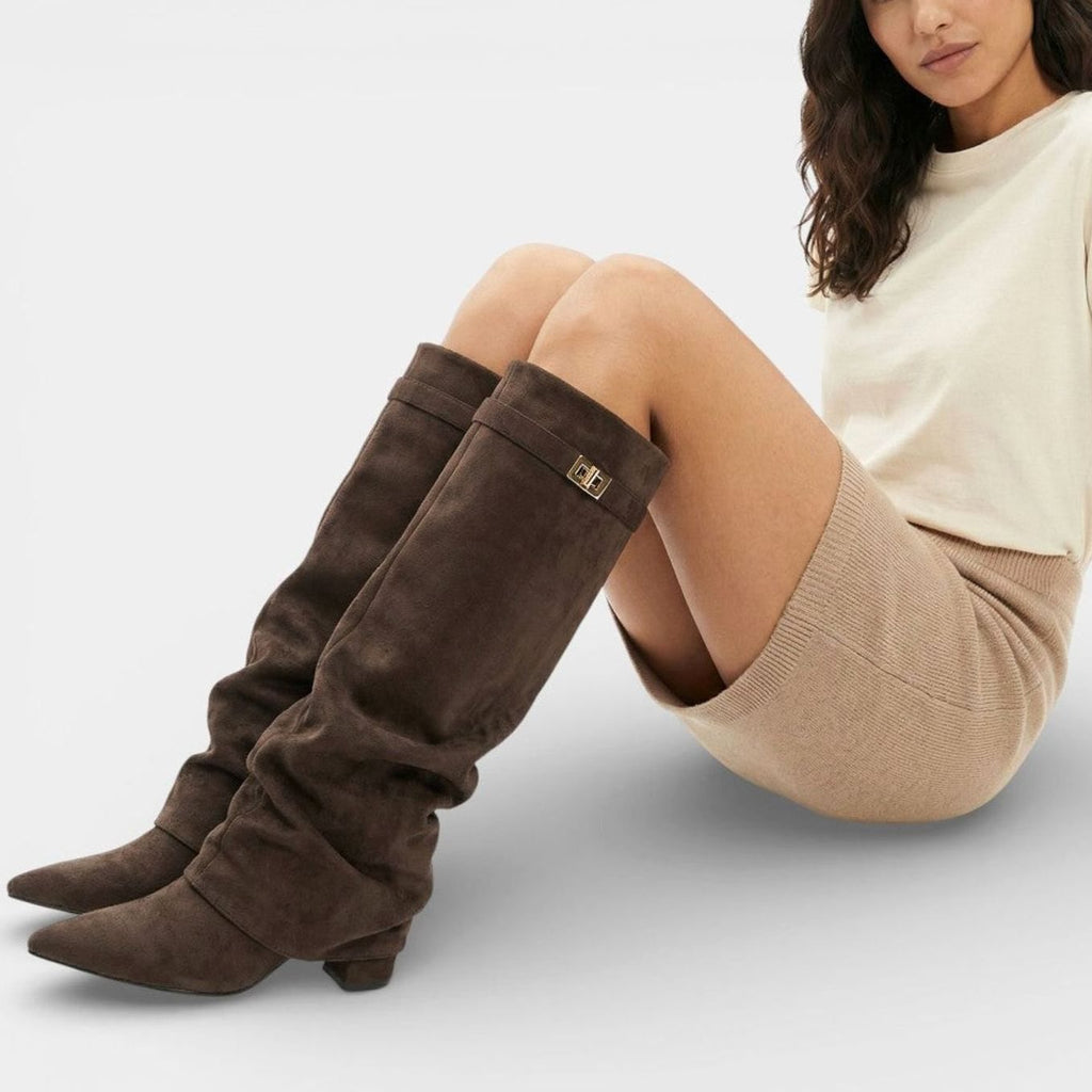 Women's Pointed-Toe Suede-Look Boots with Ruched Knee-High Shaft